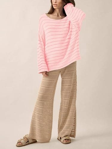 Outfeel Women's Oversized Striped Fuzzy Pullover Top Long Sleeve Round Neck Dropped Shoulders Sweater S-XL thumbnail 5