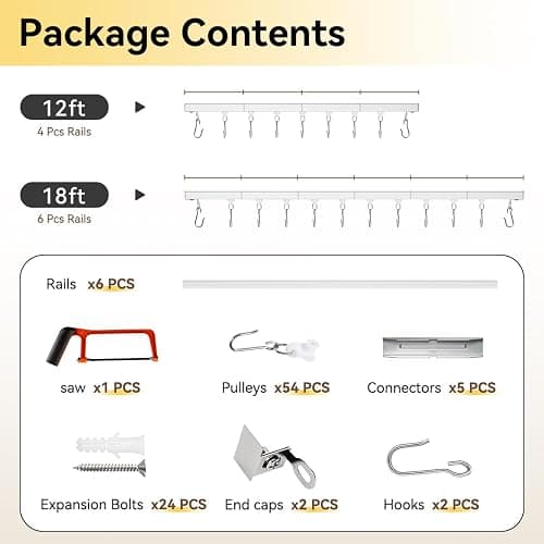 FELIDESIGN Curtain Track, Ceiling Curtain Track for Room Divider, Ceiling Mount Rail Set with Roller Hooks, White, 12ft - 18ft thumbnail 6