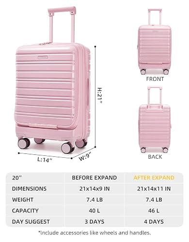 LARVENDER Carry On Luggage 22x14x9 Airline Approved, 20 Inch Expandable PC+ABS Hardside Carry On Luggage with Front Pocket Spinner Wheels TSA Lock for Women Men (Pink) thumbnail 6