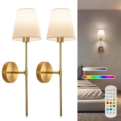 Cyaruy Battery Operated Wall Sconce Set of 2, Gold Rechargeable Wireless Wall Lights with Remote - 5000mAh Dimmable RGB Bulbs | 15 Color, Cordless Wall Lamps for Bedroom, Living Room, Hallway Decor - Image 1