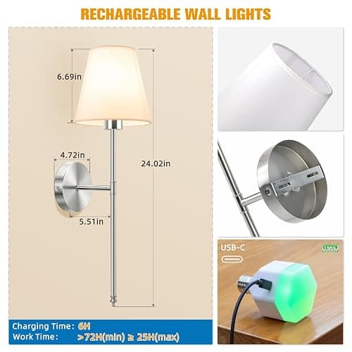 NIORSUN Battery Operated Wall Sconce Set of 2,Brushed Nickel Rechargeable Wall Lights with 5200mAh Dimmable Detachable Bulbs and Remote, 10 Colors Wireless Sconces for Bedroom Living Room Hallway thumbnail 7