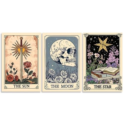 Set of 3 The Sun Moon Star Wall Art Mystical Tarot Card Print Earthy Boho Celestial Pictures Decor Astrology Posters Spiritual Witchy Room Aesthetic Painting for Bedroom 8x12inch Unframed