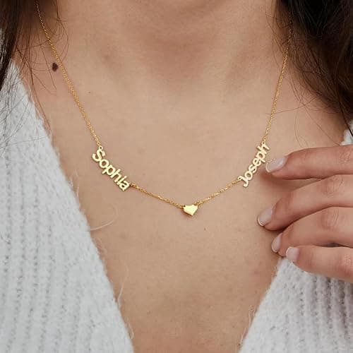 Personalized Name Necklace with Curb Chain,18K Gold Plated Handmade Personalized Necklace with Kid Name Family Choker Nameplate Necklace Mother Day Jewelry Gift for Mom thumbnail 4