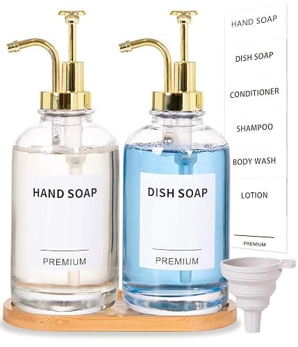 Dish Soap Dispenser for Kitchen, Hand Glass Soap Dispenser Set with Pump, Tray, Funnel for Bathroom, Shower, Laundry, Liquid, Lotion (Gold 2 Pack 18 Oz Clear Bottles with 12 Stickers) - Image 1