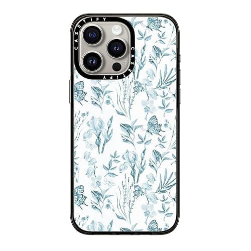 CASETiFY Compact iPhone 15 Pro Max Case [4 ft. 2X Military Grade Drop Protection/Slim/Lightweight] - Elegant Pastel Blue Vintage Butterfly Floral - Clear Black - Image 1