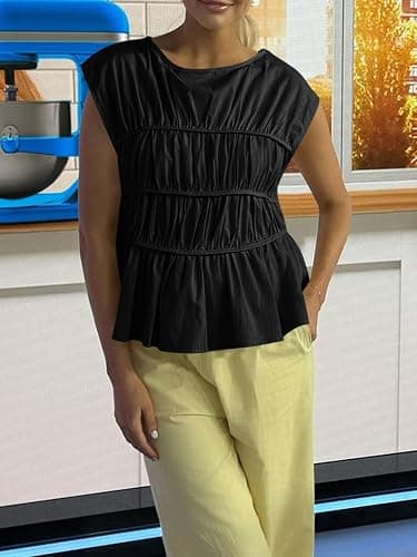 Cicy Bell Womens Cap Sleeve Peplum Tank Tops Summer Babydoll Smocked Cotton Shirts Casual Crew Neck Pleated Blouse thumbnail 2