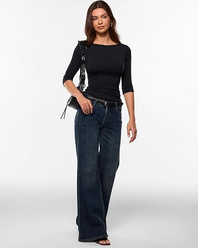 INLYRIC Women's Boat Neck 3/4 Length Sleeve Tops | Single Layer, Crew Neck, T Shirts, Basic Tees, Slim Fitted, Going Out Tops thumbnail 2