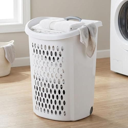 White Wheeled Plastic Laundry Hamper – Adult-Sized Rolling Basket With Handles For Home & Dorms thumbnail 6