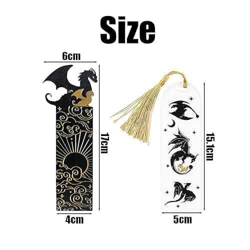 Pack of 2 Black Gold Dragon Bookmarks, Double-Sided Pattern, Cool Acrylic with Cloud and Sun Engraving, Reading Gift thumbnail 3