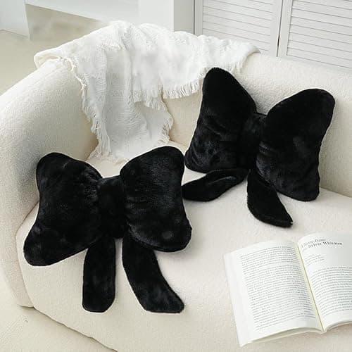 GKWW 2Pack Soft Furry Bow Throw Pillows Cute Bowknot Plush Pillow Home Decor Stuffed Bow Lumbar Pillow for Bed Couch Living Room Decor (Black&White) thumbnail 6