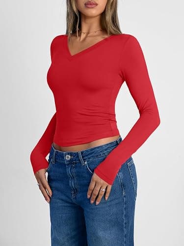 Trendy Queen Long Sleeve Shirts for Women 2025 Fall Fashion V Neck Basics Crop Tops Slim Fitted Y2K Tops Outfits Clothes thumbnail 3