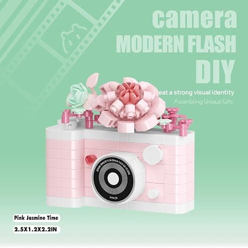 Pink Jasmine Time Cute Flower Camera Series Mini Building Blocks Toy | DIY miniature micro bricks kit. Ideal collection for home desktop decor. Perfect botanical gift for kids and adults. thumbnail 5