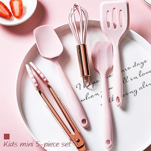 Collfa Rose Gold And Pink Kitchen Utensil Small Five-Piece Set Mini Silicone Kids Kitchen Tools Whisk Spatula Tongs Spoon And Slotted Spatula(Kids Baking Supplies) thumbnail 2