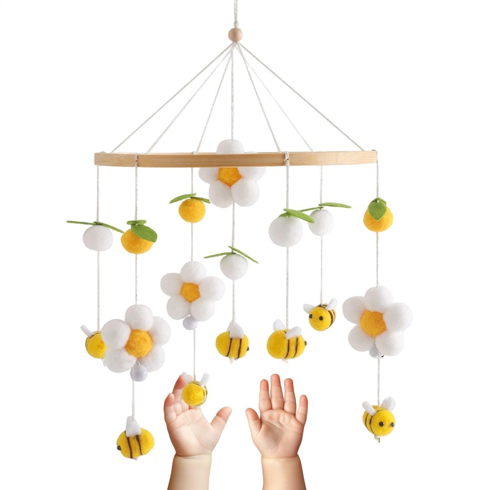Móvil De Cuna, Decoración De Madera, con Pompones, Flores y Abejas Móvil de Cuna de Madera, Para Niños Pequeños, Guardería, Sala De Juegos Y Cochecito thumbnail 2
