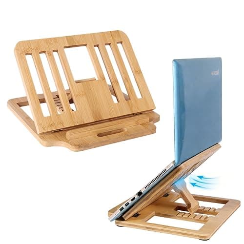 XIKEMADI Bamboo Foldable Laptop Stand Holder, 6-Level Adjustable Ergonomic Notebook Riser with Heat Dissipation for 10-17 Inch Laptops, MacBook, Tablet (Natural Bamboo) - Image 1