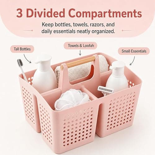 PAKCHOICE Portable Shower Caddy Basket with Wood Handle, 3-Compartment Bathroom Organizer Tote with Drain Holes, Plastic Shower Basket for Dorm, Toiletries, Cleaning Supplies, Pink thumbnail 3