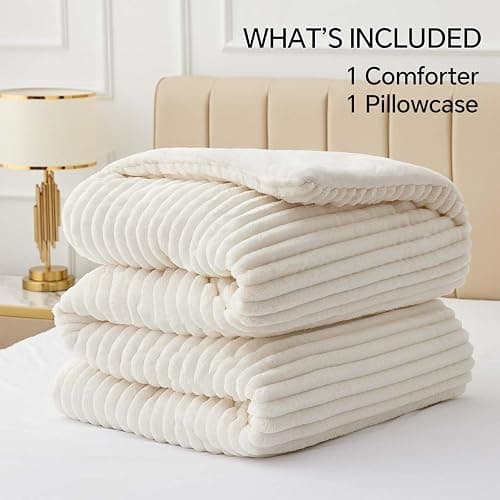 BEDELITE Fleece Twin Comforter Set -Super Soft & Warm Fluffy Cream White Bedding, Luxury Fuzzy Heavy Bed Set for Winter with 1 Pillow case thumbnail 6