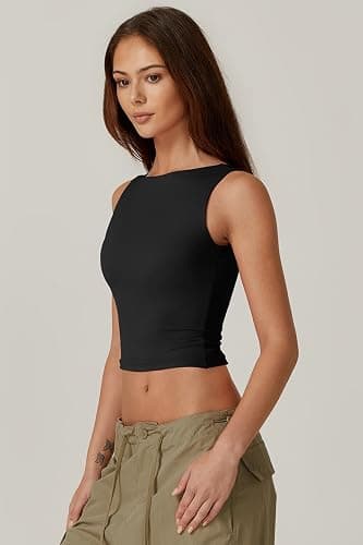 QINSEN Women's Sexy Open Back Sleeveless Crop Tank High Neck Slim Fit Cropped Tee Shirt Y2k Tops thumbnail 3