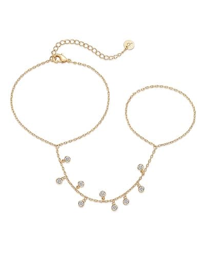 PAVOI 14K Gold Plated Hand Chains for Women - Adjustable Hand Chain Bracelet and Ring - Trendy Gold Handchain Bracelet Stack Summer Jewelry - Beads, Pearl, and Cubic Zirconia Body Jewelry thumbnail 2