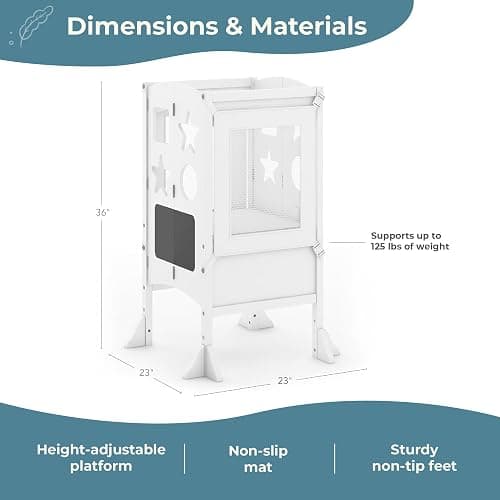 Guidecraft Classic Kitchen Helper® Stool - White with Keepers and Non-Slip Mat: Foldable, Adjustable Height Safety Cooking Tower for Toddlers with Chalkboard | Kids Learning Platform thumbnail 2