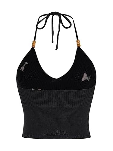 Verdusa Women's Y2k Halter Tops Gothic Clothes Summer Going Out Tops Crochet Cami Tie Boho Cowgirl Outfits - Medium - Cherry Black thumbnail 2