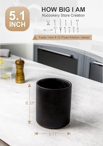 Nucookery Utensil Holder, 6.4" Ceramic Kitchen Utensil Holder with Countertop-Protection Cork Bottom, Farmhouse Kitchen Decor for Counter, Christmas Gift (Stone Black) thumbnail 3