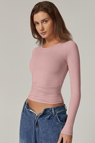 QINSEN Womens Crewneck Long Sleeve Shirt Double Lined Basic Tees Side Ruched Going Out Crop Tops thumbnail 4