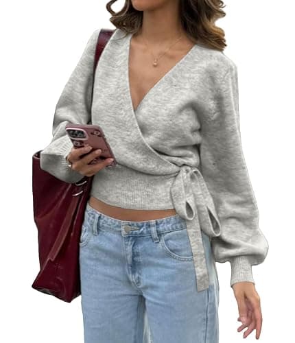 KIGRAD Women Y2k Side Tie Cropped Cardigan Sweater Long Sleeve Open Front V Neck Ballet Wrap Knit Crop Tops Fall Clothes - Image 1