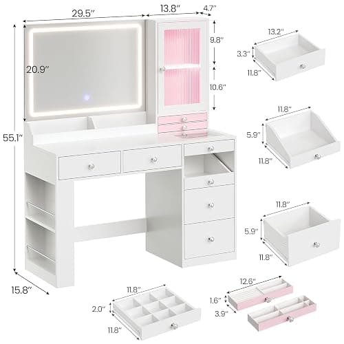 MSmask Makeup Vanity Desk with Mirror and Lights & Large LED Cabinet, Vanity Table with 2 Jewelry Boxes, 6 Drawers & Shelves, Dressing Table with Power Outlets for Women Girls Bedroom, White thumbnail 2