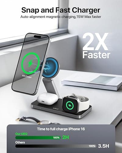 UEQ Foldable 3 in 1 Wireless Charging Station for Apple Magsafe Charger Stand,Fast Magnetic Wireless Charger Station for iPhone 17 Air 16 15 14 13 12 Series,Airpods Pro,Apple Watch Ultra (Pure Black) thumbnail 2