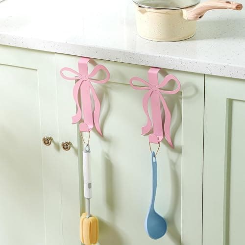 Chunful 2 Pack Pink Bow Over The Door Hook, Metal Strong Door Hanger Hook Coquette Room Decor Bow Accessories for Cabinet Living Room Bathroom Bedroom Kitchen Hanging Clothes Towels Hats Coats Bags thumbnail 6