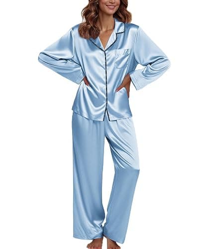 Ekouaer Pajamas For Women Set Silk Pjs 2 Piece Satin Sleepwear Long Sleeve Button Down Lounge Sets With Pant - Image 1