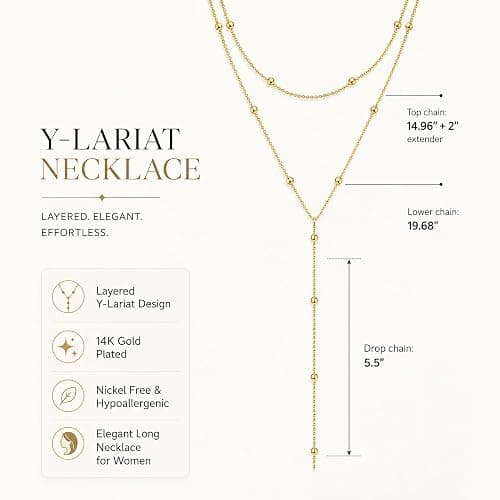 Foxgirl Lariat Gold Necklace for Women, Dainty Long Necklace 14k Gold Plated/Silver Y-Shaped Pendant Necklace Trendy Layered Cz Beaded Chain Drop Necklaces Simple Gold Jewelry For Women Gift thumbnail 5