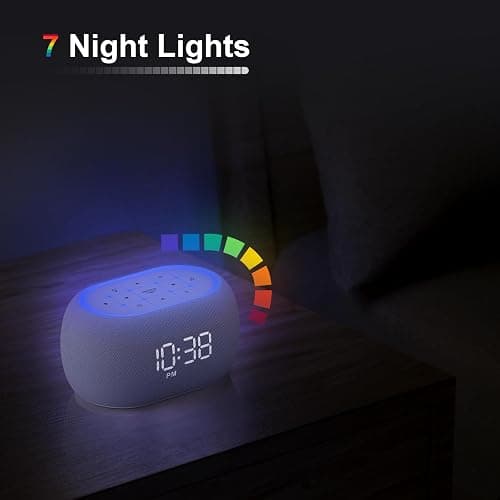 ANJANK White Noise Sound Machine Alarm Clock with Hi-Fi Bluetooth Speaker, 21 Soothing Sounds/7 Night Lights, 0-100% Dimmer/Sleep Timer/Volume Control, Soother for Adults Kids Sleeping, Bedroom, White thumbnail 7