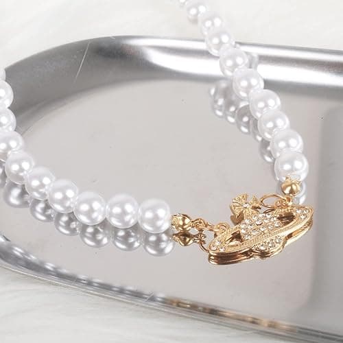 Yunison Pearl Saturn Necklace Rhinestone Pendant Planet Choker Retro Jewelry for Women Birthday Party Anniversary - Saturn-Gold thumbnail 5