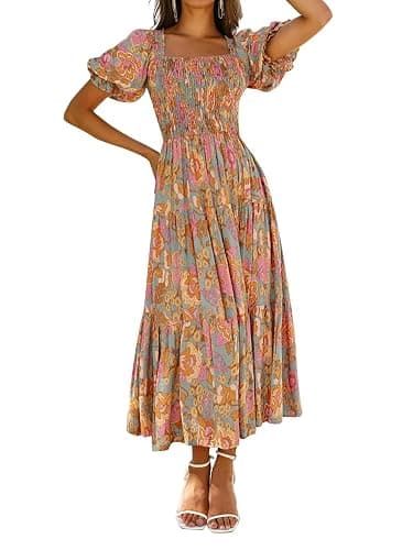 ZESICA Women's 2025 Summer Boho Floral Print Square Neck Ruffle Swing Beach Long Maxi Dress - Image 1