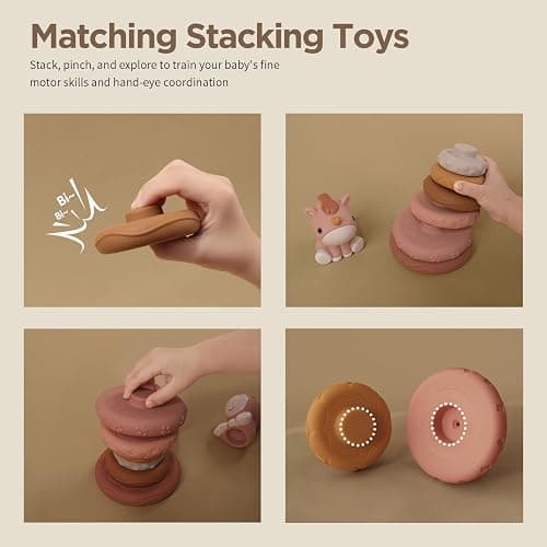 Nueplay 7 Pcs Stacking & Nesting Baby Toys, Squeeze Teething Toys and Building Circle with Pink Horse Figure, Newborn Essentials for 6 12 18 Months Toddler Girls thumbnail 6