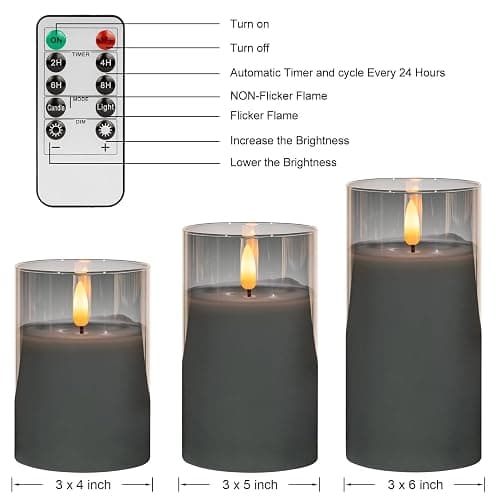 ANGELLOONG Grey Fake Candles Battery Operated, Flickering Flameless Candles with Timer and Remote, Glass LED Electric Pillar Candles Set of 3 for Home Coffee Table Bathroom Decor thumbnail 7
