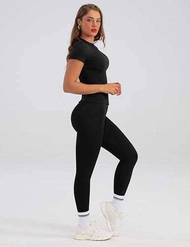 Relety Womens Two Piece Workout Sets Slim Fit Short Sleeve Shirt High Waist Leggings Yoga Outfits Matching Gym Set thumbnail 3