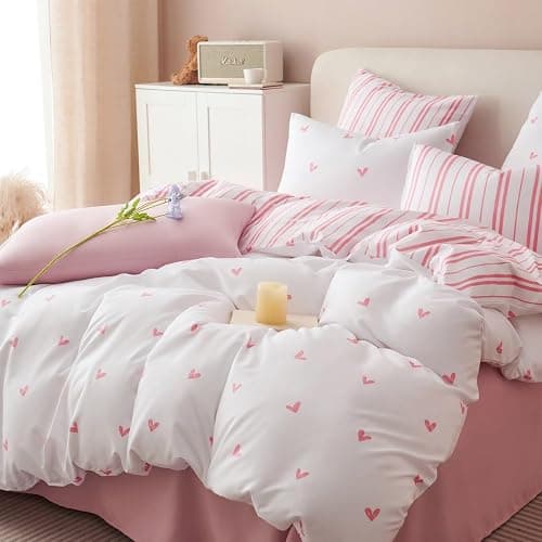 Sedefen Housse de Couette 140x200 cm cœur Rose Rayures Ado Adultes Parure de Lit 1 Personne avec Fermeture Éclair Filles Housse Couette en Microfibre avec 1 Taie d'oreiller 65x65 cm - Rose Coeur Réversible - 140x200cm+65x65cm*1 - Image 1