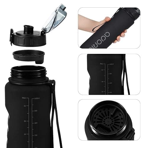 ADORIC Sports Water Bottle 1L, BPA Free Tritan Non-Toxic Plastic Sport Water Cup, Durable Leak Proof Water Bottle with Filter, Flip Top (Black-1000ml) thumbnail 3