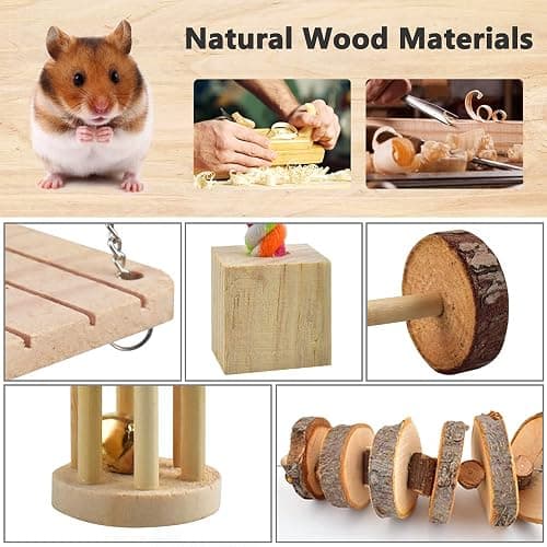 ERKOON Hamster Chew Toys 12 Pack Gerbil Rat Guinea Pig Chinchilla Toys Accessories, Natural Wooden Dumbbells Exercise Bell Roller Teeth Care Molar Toy for Hamster Rabbits Parrot Syrian thumbnail 2