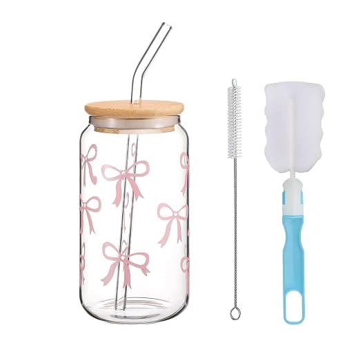 XINGNA Glass with Lid and Straw, 16 oz (500 ml) Drinking Glasses with Bamboo Lids and Glass Straw, Elegant Bow Glass Cup for Bubble Tea, Coffee or Cocktail, Gifts for Women Girls Friends (Pink Bow) - Image 1