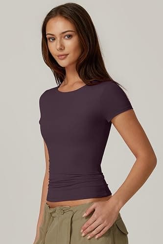 QINSEN Women's Crew Neck Short Sleeve Tees Double Lined Slim Fit T Shirt Basic Y2K Tops thumbnail 4