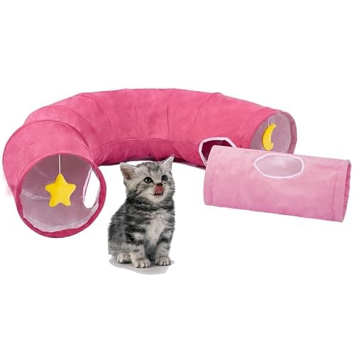 PAOPO Cat Tunnel, Large Indoor Durable Collapsible Interactive Cat Tube with Peek-A-Boo Hole, Hanging Toys, and Crinkly Paper Lining - Cute Tunnel for Cats, Kittens, Puppies & Rabbits, Pink thumbnail 2