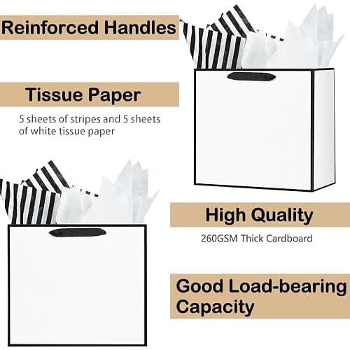 Offizon 12 Pcs White Gift Bags, Gift Bags with Tissue Paper (4 Small 6", 4 Medium 8.7", 4 Large 12.6"), Paper Bags with Handles for Birthdays and Holidays thumbnail 2