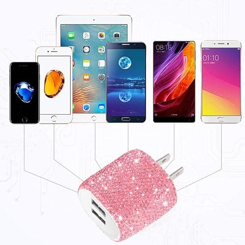 USB Wall Charger Bling 5V/2.4A 24W Dual Port Fast Charger Plug Cell Phone Block Adapter Pink for iPhone Android Samsung iPad Tablet etc. thumbnail 5