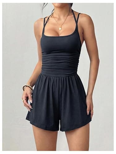 BEAUDRM Women's One Piece Sleeveless Romper Y2k Ruched Spaghetti Strap Short Jumpsuits Summer Casual Outfits thumbnail 4