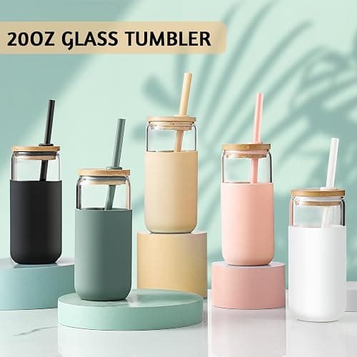 20oz Glass Water Tumbler with Silicone Protective Sleeve - Beer Shaped Glass Cups with Straw and Bamboo Lid, Iced Coffee Glasses, Cute Drinking Glasses for Water, Smoothie, Gift - Cambridge Blue thumbnail 6