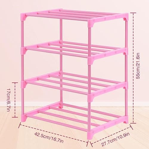 HITHIM 4-Tier Free Standing Shoe Racks for 6-8 Pairs Shoe Storage,Kids Shoe Racks for Small Place,Lightweight Stackable Shoe Shelf Organizer for Entryway, Doorway and Closet,Pink - Pink - 4-Tier thumbnail 3